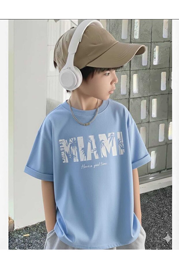 Miami Printed Baby Blue Kids T-Shirt