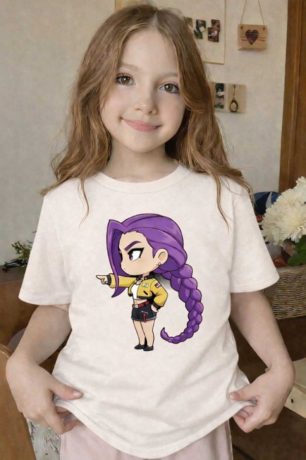 Purple Hair Braided Girl Printed Beige Kids T-Shirt