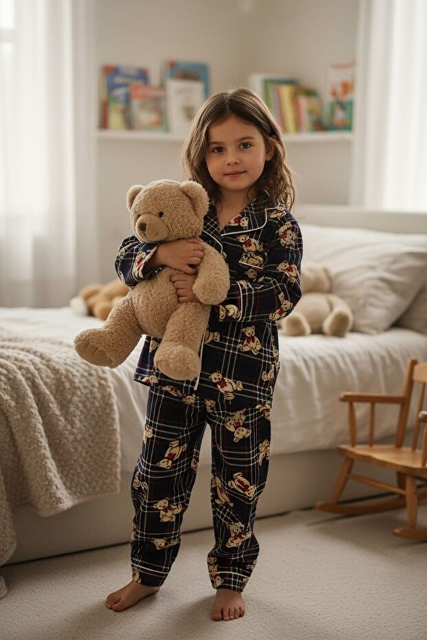 Girl's Pajama Set Navy Blue Color Plaid Teddy Bear Patterned Cotton Long Sleeve