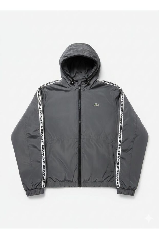 معطف واق من المطر باللون الرمادي مع الشعار - 2