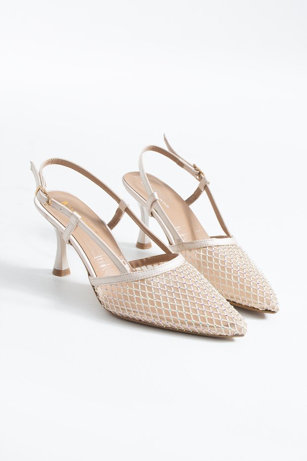 Glamour Women's Mesh Stone Embroidered Pointed Toe Evening Dress Thin Heeled Shoes