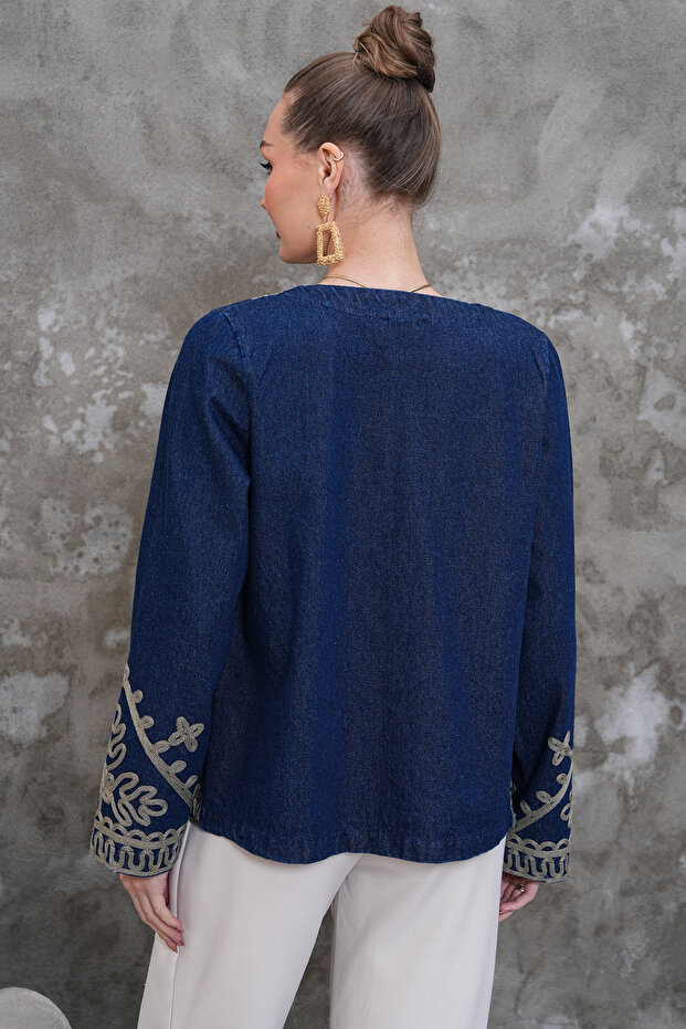 سترة قطنية مطرزة بنمط عرقي وياقة دائرية - 8