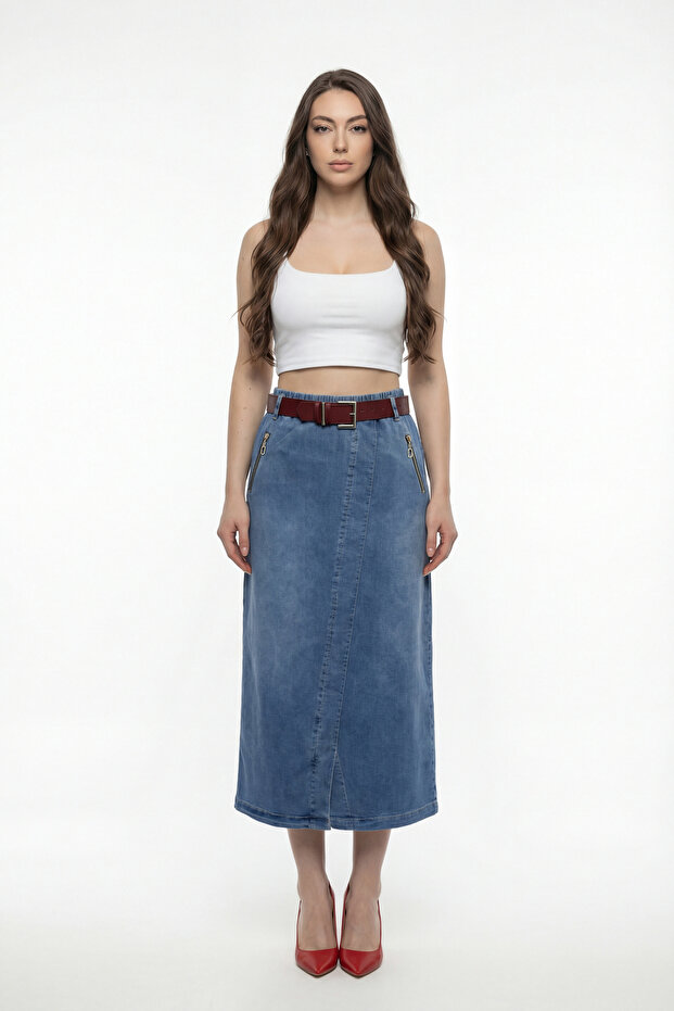 Women's Navy Blue Seasonal Elastic Waist Belted Zippered Special Design Pencil Skirt