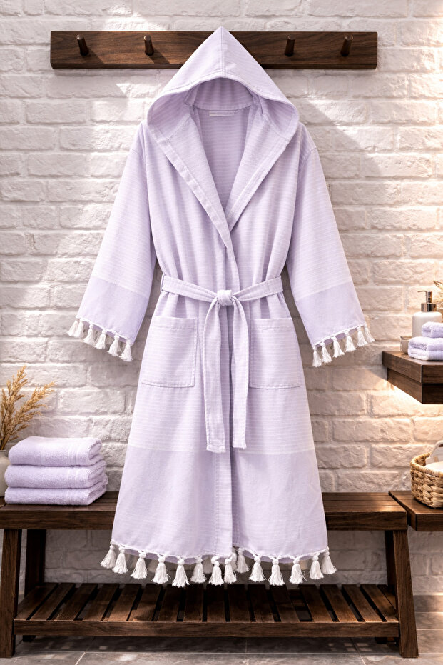 100% Cotton Woven Hooded Unisex Peshtemal Pique Bathrobe with Pockets Ultra Soft (M/L/Xl) Size