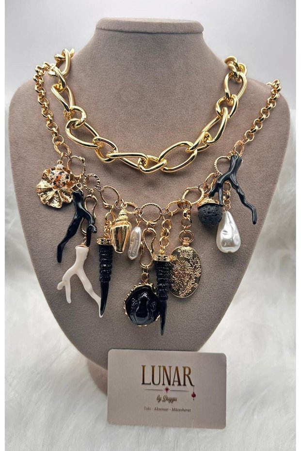 Double Brand Model Necklace with Multiple Charms and Thick Chain
