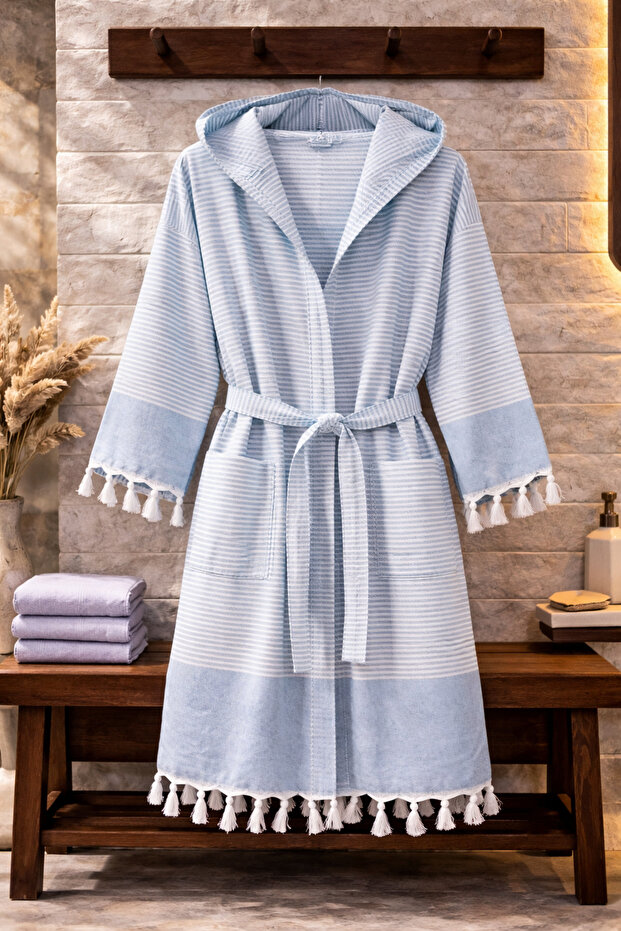 100% Cotton Woven Hooded Unisex Peshtemal Pique Bathrobe with Pockets Ultra Soft (M/L/Xl) Size