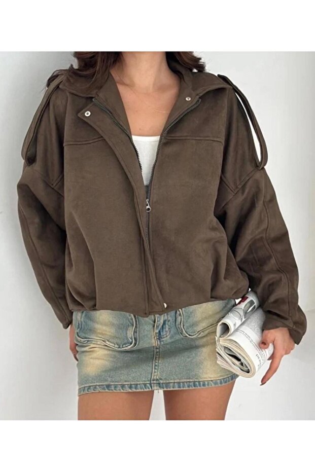 Oversize Khaki Suede Fabric Jacket with Epaulet Detail