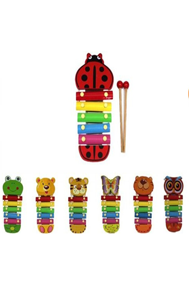 Educational Wooden 5-Note Xylophone with Animal Figures Colorful Musical Instrument Cellophane Toy
