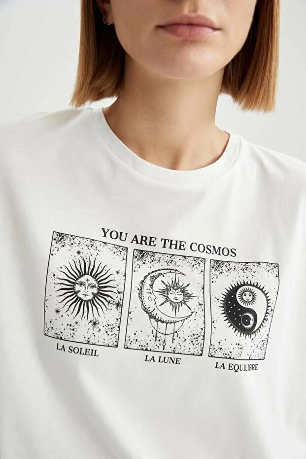 Cosmos Printed White Oversize Unisex T-Shirt Basic Comfortable Fit Daily Tshirt