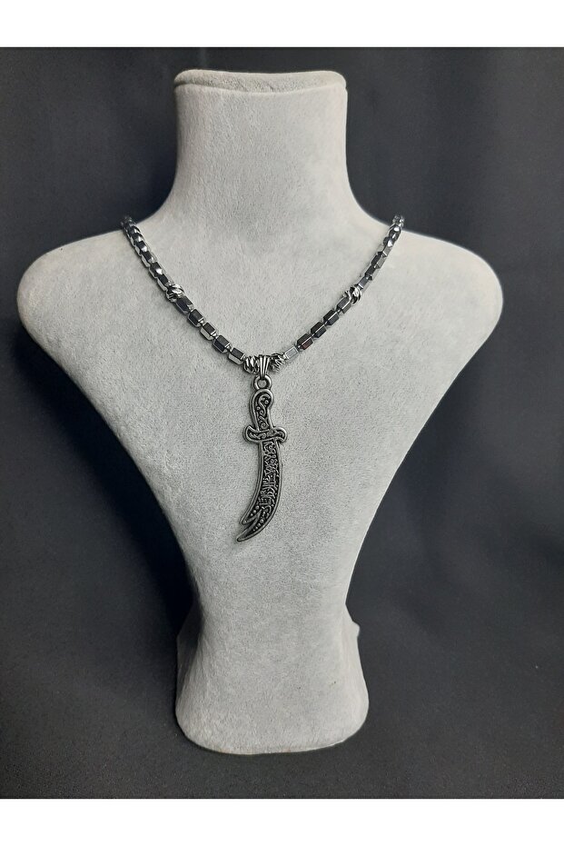 Cut-Out Hematite Stone Zulfiqar Sword Detailed Style Design Adjustable Necklace Unisex