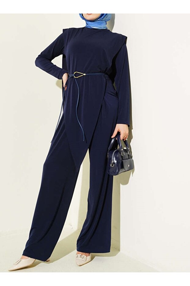 Asymmetrical Segmented Belted Sandy Double Set - 1