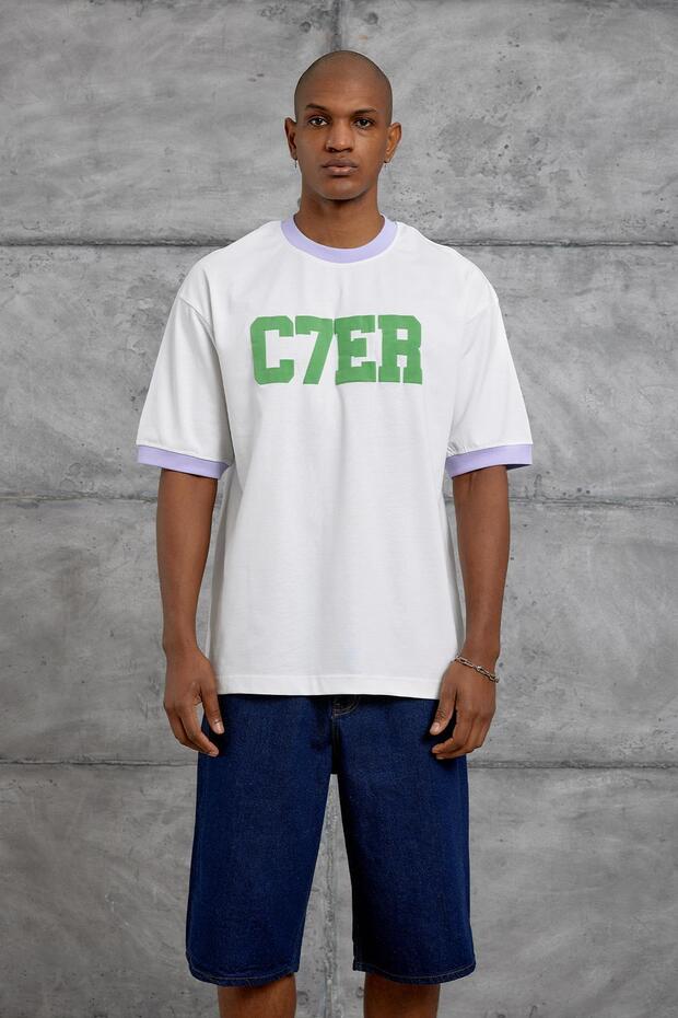 Men's T-Shirt Yaka C7Er Lilac Oversize Printed Crew Neck Cotton