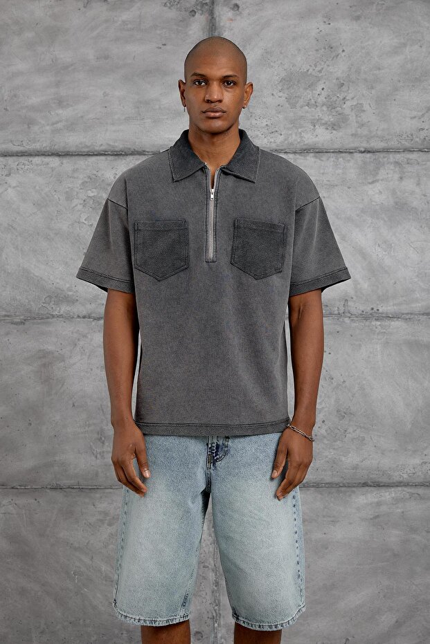 Men's T-Shirt Polo Collar Zippered Washable Smoked Oversize Zippered Cotton