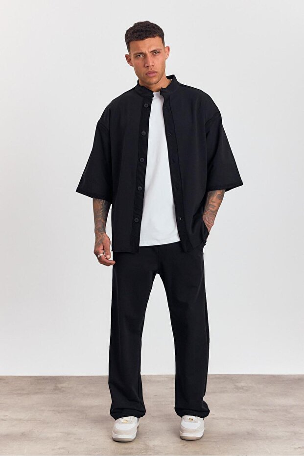 Men's Black Oversize Top and Bottom Set – Wide Cut Kimono Sleeve Shirt + Comfortable Pants Ls-5364