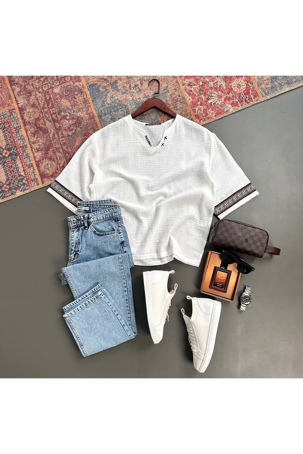 Men's Oversize Linen Embroidered T-Shirt and Jeans 2-Piece Set