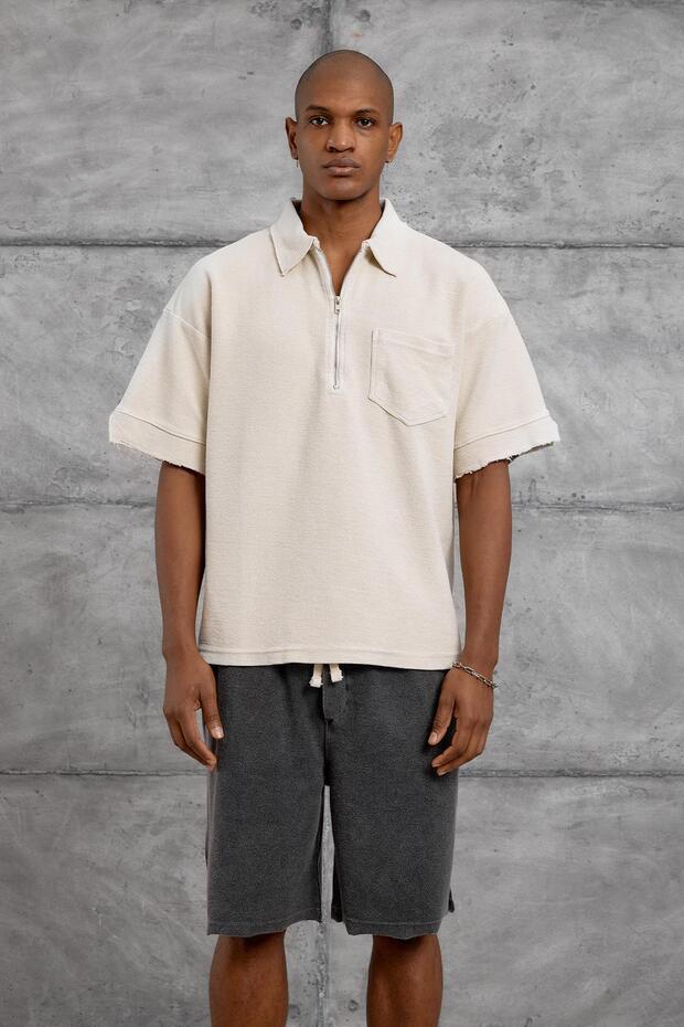 Men's T-Shirt Polo Single Pocket Zippered Cream Oversize Zippered Polo Collar Cotton