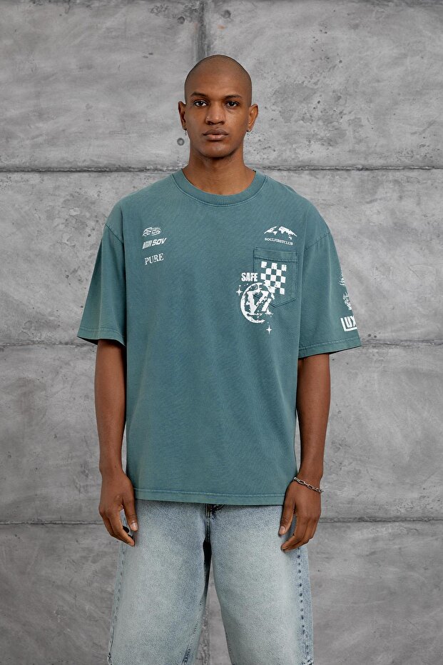 Men's T-Shirt Print Washable Green Oversize Printed Crew Neck Cotton