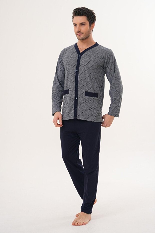 3132 Navy Blue Large Size Men's Button-Down Pajama Set