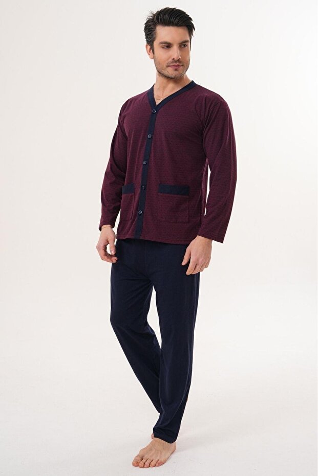 3132 Claret Red Large Size Buttoned Men's Pajama Set