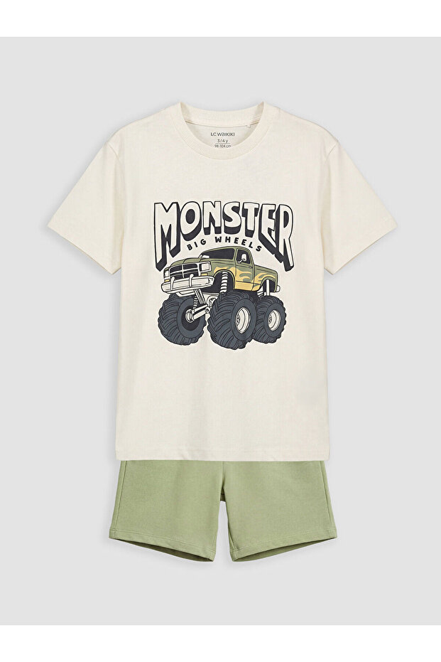 Beige Boy's Printed T-Shirt and Shorts Set