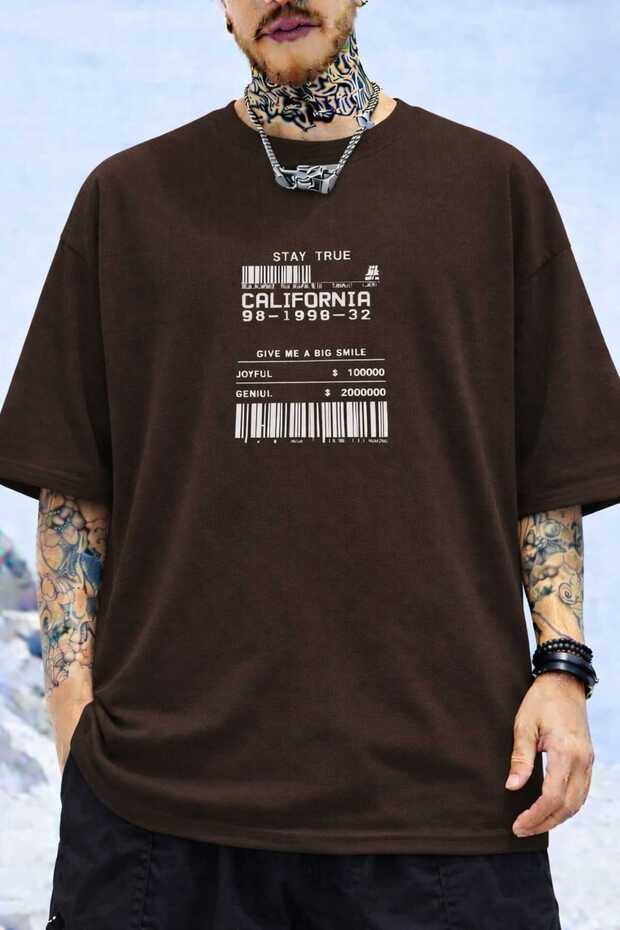 Barcode Printed Brown T-Shirt