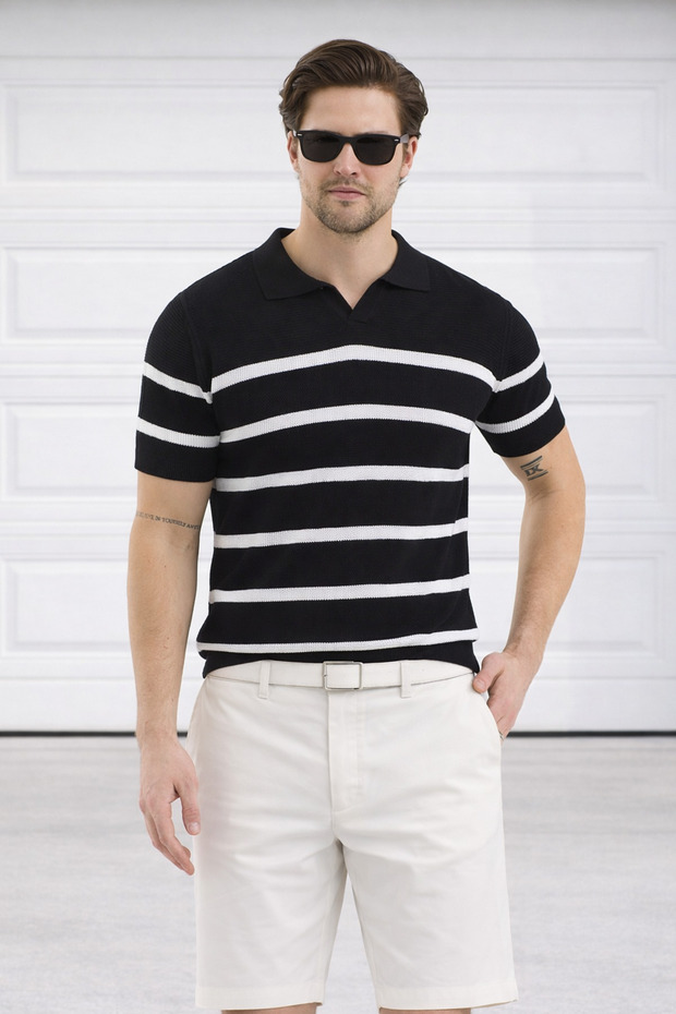 Polo Neck Knitwear Men's Cotton T-Shirt