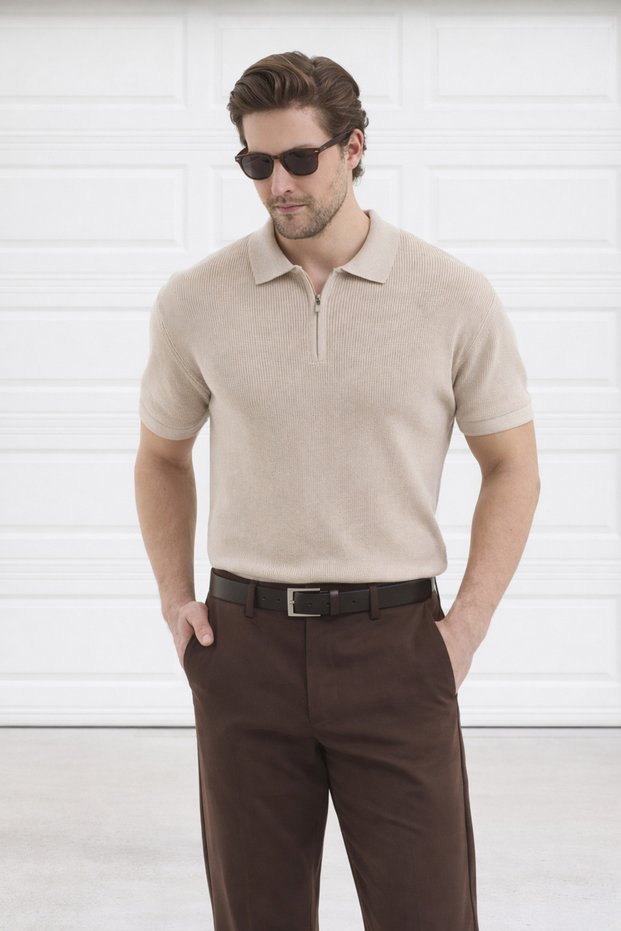 Polo Neck Knitwear Men's Cotton T-Shirt
