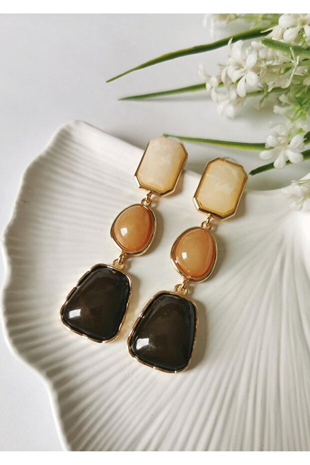 Stone Harmony Dangle Earrings Coffee Tone