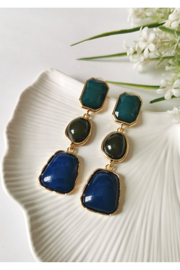 Stone Harmony Dangle Earrings Navy Blue Tone