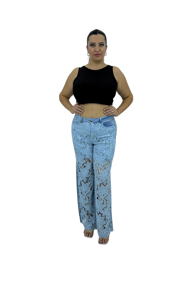 Plus Size Tencel Lace High Waist Belted Wide Leg Women's Trousers