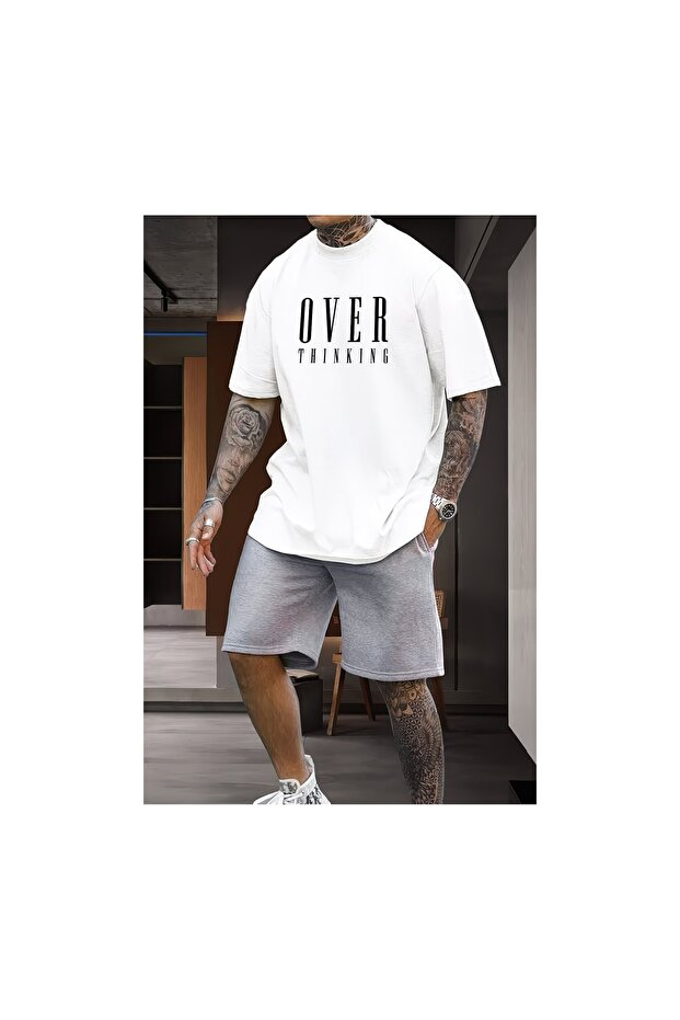 Over Think Printed White T-Shirt and Gray Shorts Set