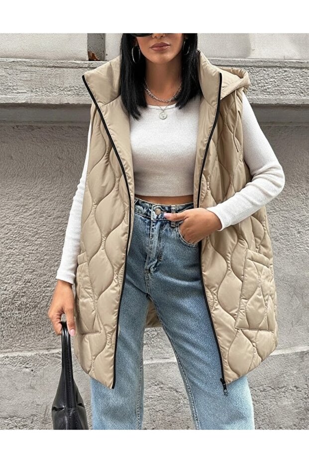 Kapitone Kapişonlu Şişme Yelek – Bej - 1
