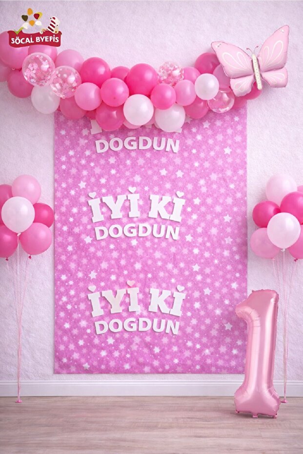 Retro Butterfly Pink Age Balloon Happy Birthday Printed Backdrop Birthday Party Set Decoration