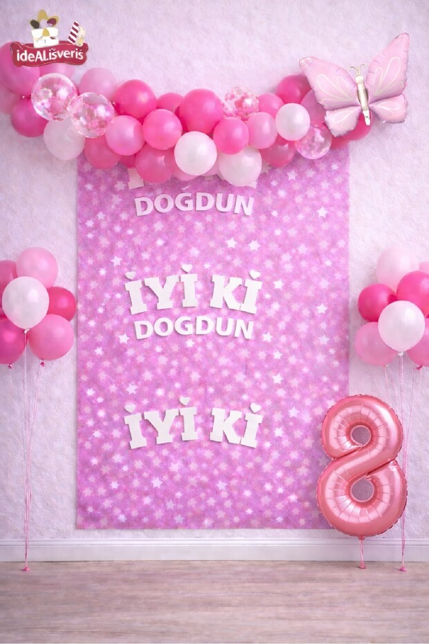 Retro Butterfly Pink Age Balloon Happy Birthday Printed Backdrop Birthday Party Set Decoration