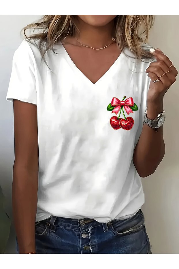 Mixed Print Women's Long Sleeve V-Neck Relaxed Fit T-shirt