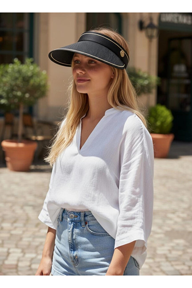 Black Straw Patterned Visor Adjustable Visor Hat - 5