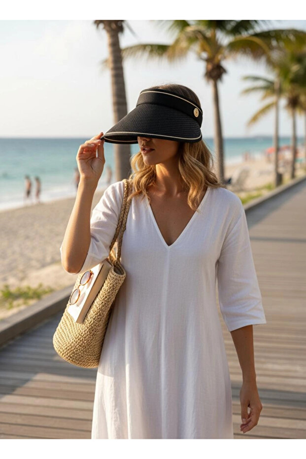 Black Straw Patterned Visor Adjustable Visor Hat - 2