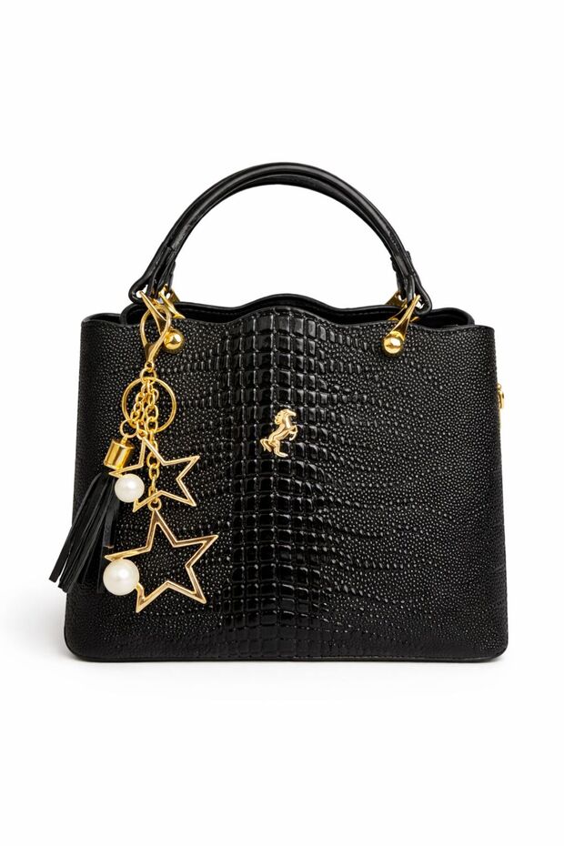 Crocodile Patterned Black Women's Hand and Shoulder Bag with Gold Star & Pearl Accessories — Stylish Everyday Handbag