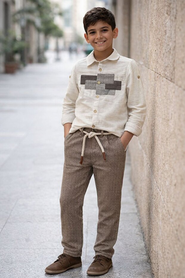 Muslin Shirt for Ages 9-14 - Oantolon Double Set with Belt - Beige-Brown