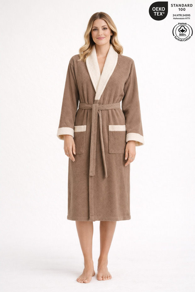 Women's Bathrobe 100% Certified Cotton, 1 Piece, Contrast Striped Shawl Collar Bathrobe / Dressing Gown - Beige Color