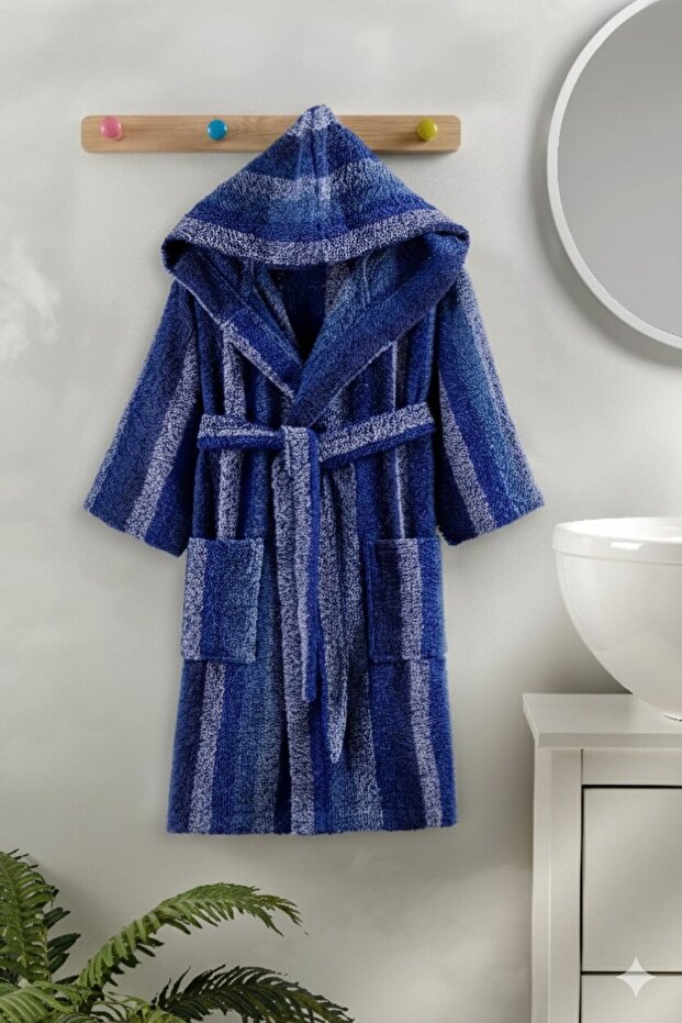 Linea Hooded Children's Bathrobe 100% Cotton Colorful Striped Bath and Beach Robe