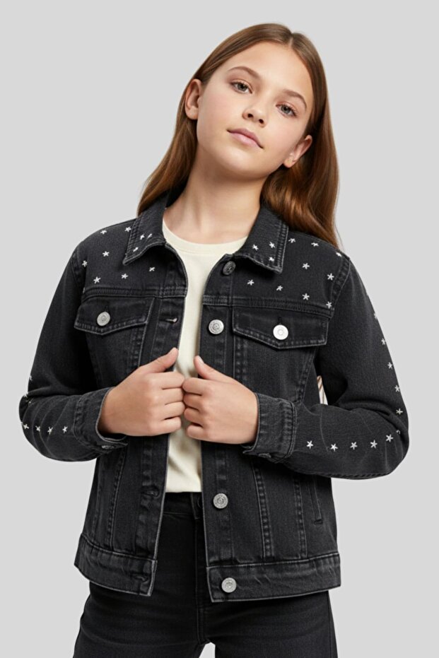 Girl's Star Patterned Anthracite Jean Jacket