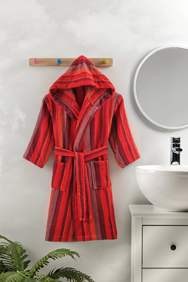 Minora red striped hooded girl's bath and beach robe - 100% cotton