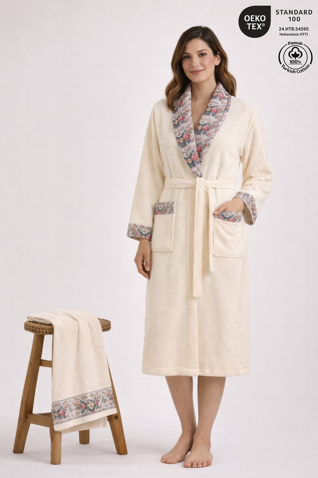 Fiore Floral Patterned Women's Robe Set 100% Cotton Certified 2-Piece Robe and Head Towel - Cream
