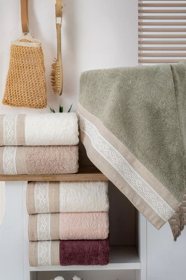 Nurpak Tuana 6-Piece Hand Towel Set | 50X90 cm | 100% Natural Cotton | Linen Textured, Embroidered, Dowry Gift