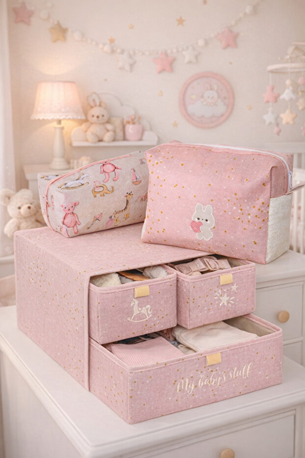 Set of 3 - Baby 2-Piece Bag Organizer & Baby 3-Compartment Drawer Organizer Pink