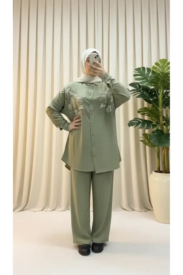 Linen Low-Sleeve Mini Flower Embroidered Oversize Tunic Shirt