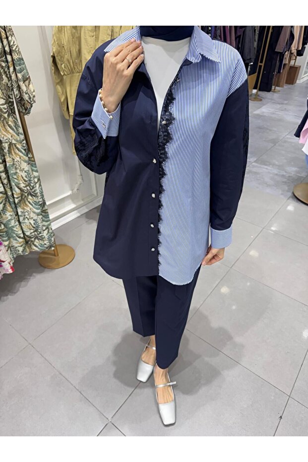 DANTELLİ ÇİZGİLİ GÖMLEK - 3