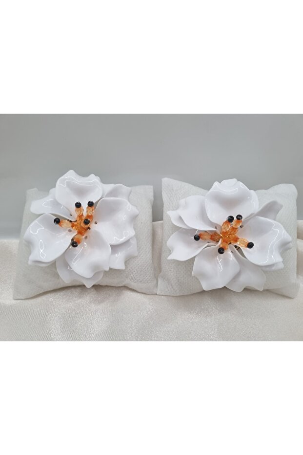 Ceramic Flower White Large Size Statement Steel Non-Tarnish Earrings with Orange Detail