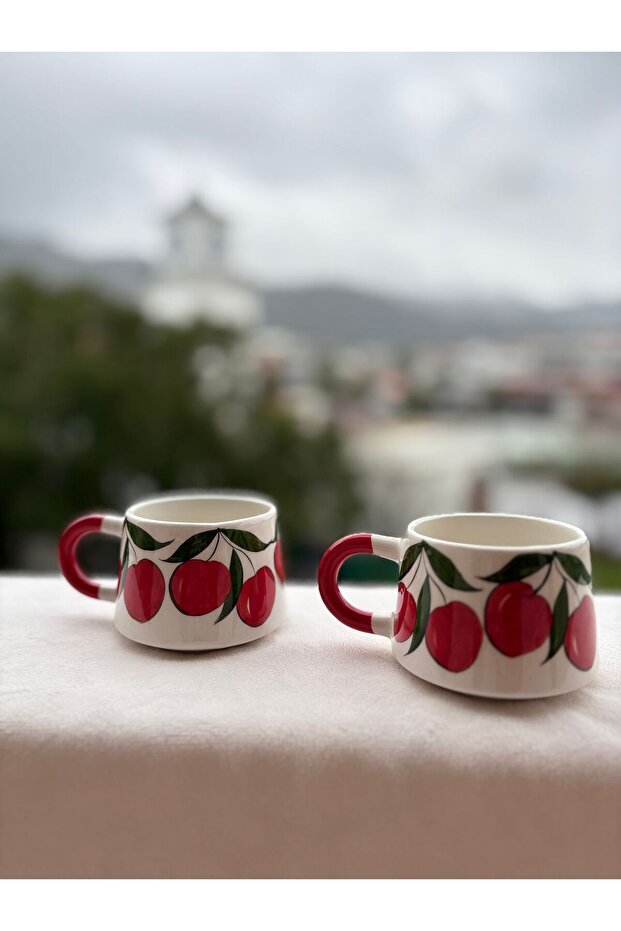كوب سيراميك مصنوع يدويًا بنمط الكرز، طقم من قطعتين - 5